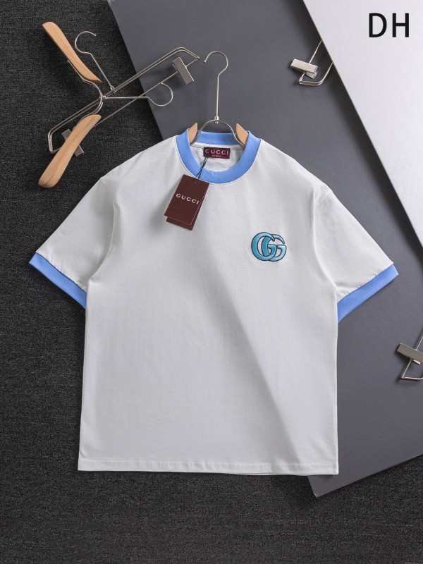 使い勝手良し グッチ n級品 胸ダブルG 2色の文字の刺繍🪡ロゴ襟カフススプライシングＴシャツ