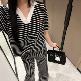 ★超人気 セリーヌ 偽物通販  ストライプシャーベットシルク半袖長ズボンセット2色