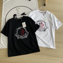 ★超人気 モンクレール n級品 二色赤青白黒混色立体大ロゴ刺繍ロゴカップル半袖Tシャツ