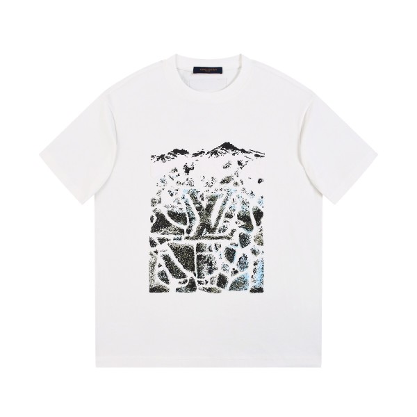 追跡付 ルイヴィトン コピーおすすめ 2026SS フロック発泡プリントラウンドネック半袖Tシャツ