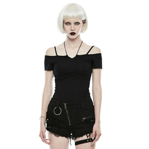 GOTH Off the Shoulder Tie Rope Necklace Slim Women's T-shirt
