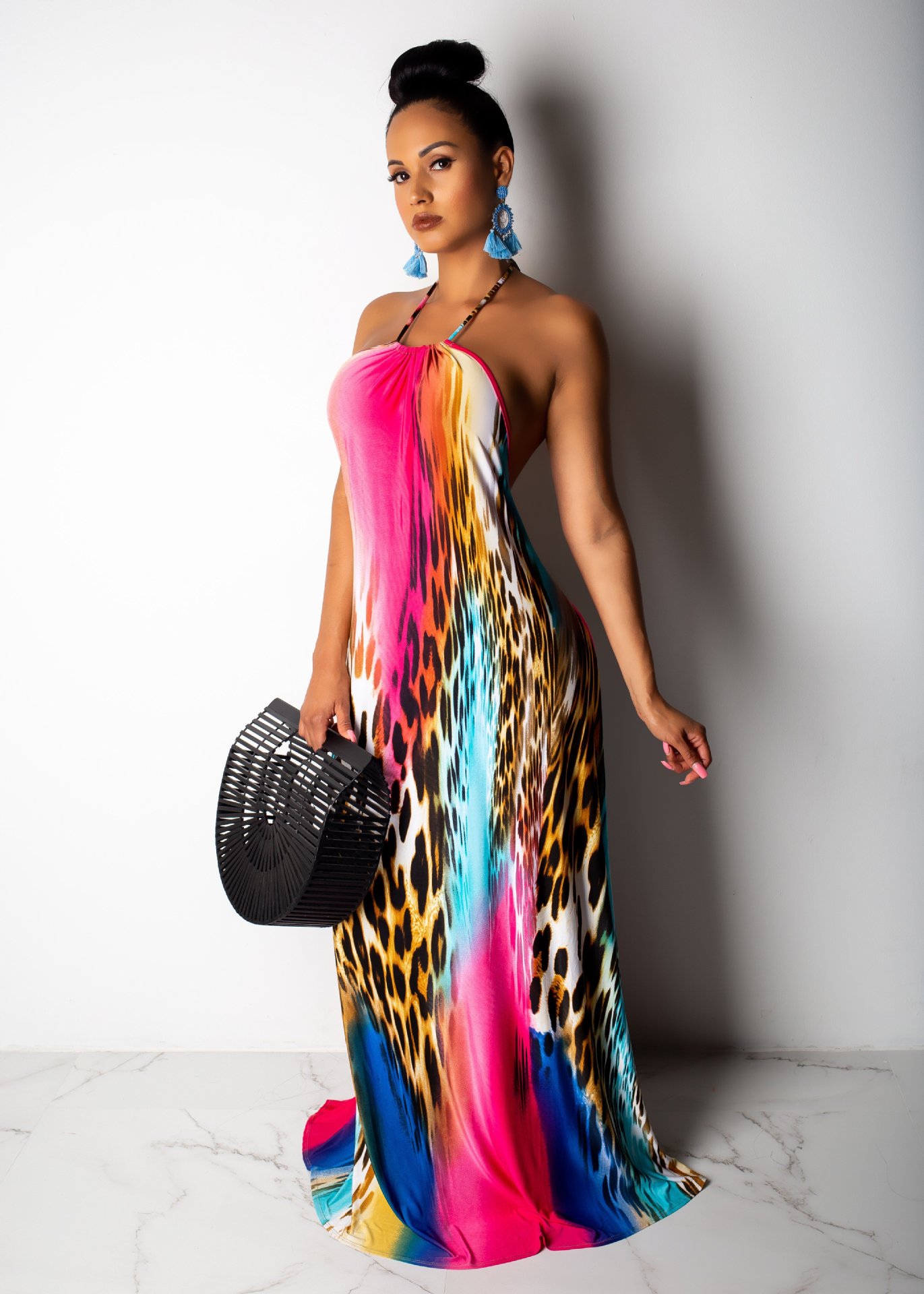 backless halter maxi dress