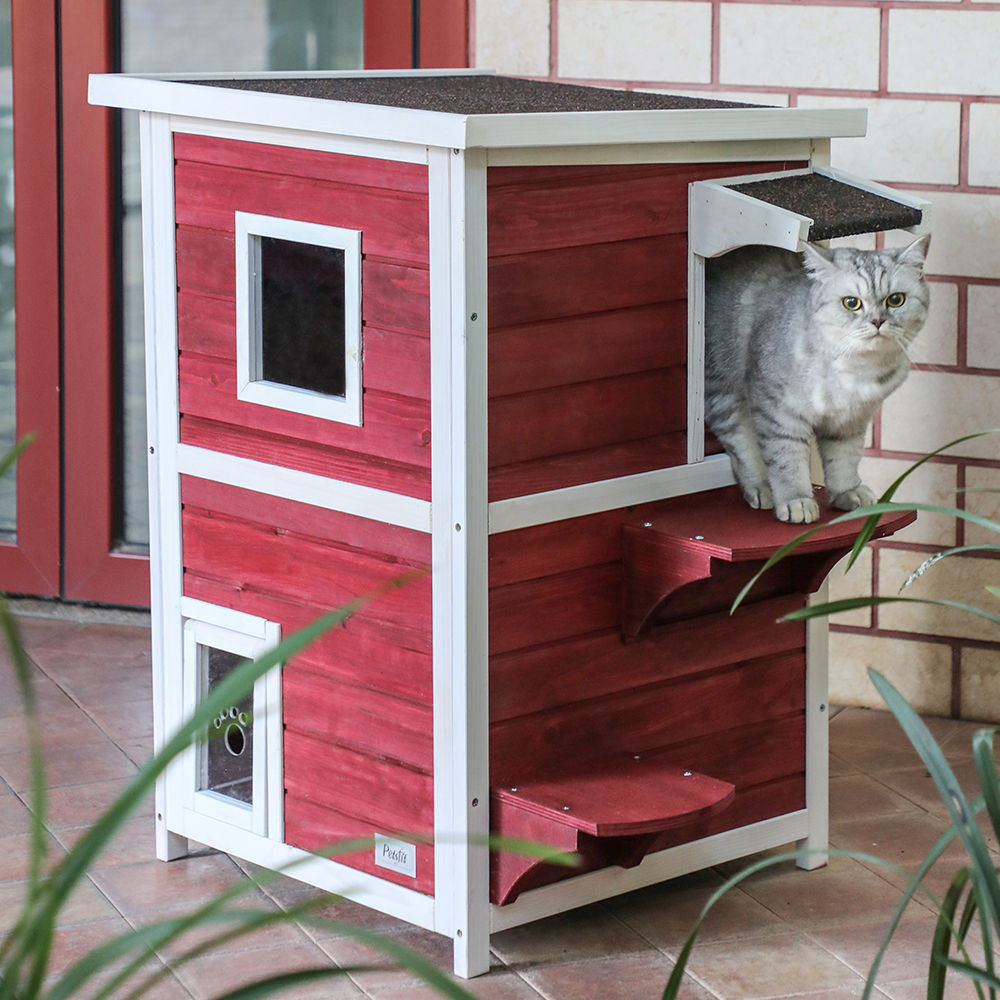 1-Year Warranty Petsfit Outdoor Cat House with Escape Door and Stairs 