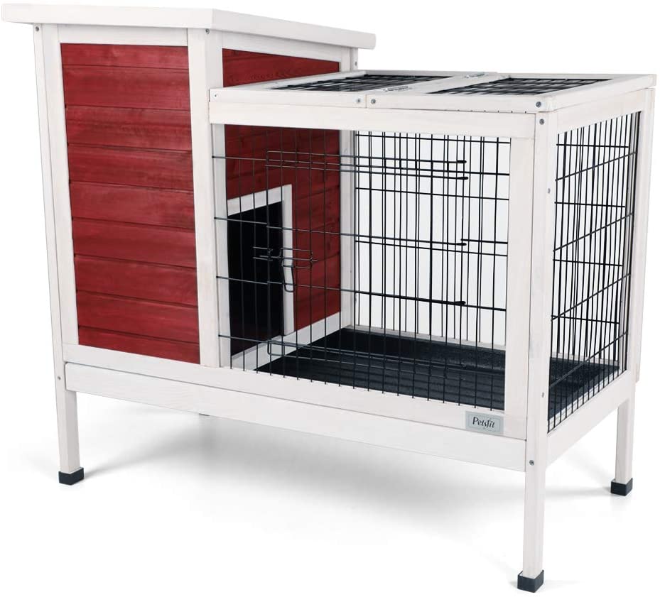 Petsfit Wood Rabbit Cage with Deeper Removable Tray 38.2 L x 19.6 W x 33.8 H 
