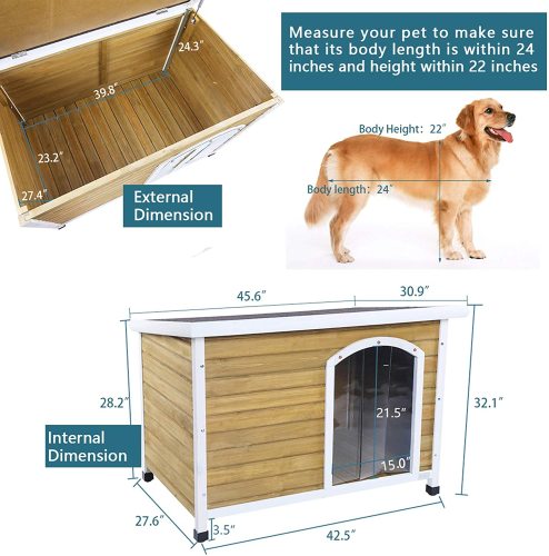 Petsfit Wooden Dog House for Medium to Large Dogs, Yellow and White, large/45.6  x 30.9  x 32.1