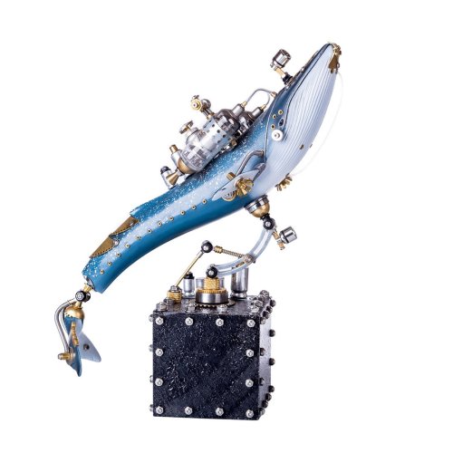 Steampunk Blue Metal Whale Model with Base Handmade 3D Assembled Animal Crafts Decor Kit