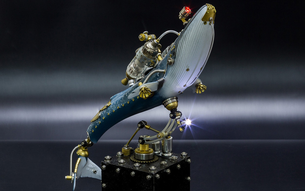steampunk-blue-metal-whale-model-with-base-handmade-3D-assembled-animal-crafts-decor-kit 