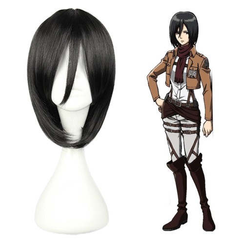 Black Short Bobo Synthetic Hair Attack on Titan Mikasa Ackerman Cosplay Full Wigs For Women's Party Halloween+wig cap