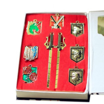 Attack On Titan Badge Keychain Set Cosplay Accessories Costume Props 9Pcs/set (7Pcs Badge + 2Pcs Mini Sword Keychain)