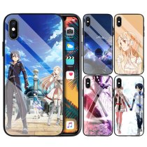 Tempered Glass Case for Apple iPhone 7 8 6 6S X XR XS MAX Plus Sword Art Online Kirito And Asuna Cartoon Case Coque Funda Capa
