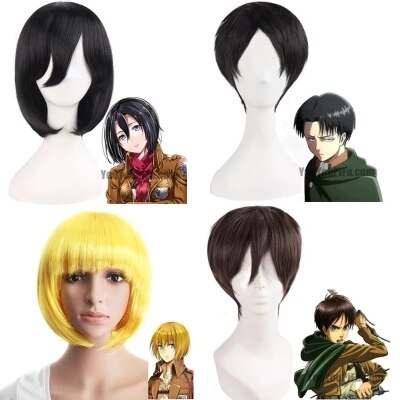 Shingeki No Kyojin Anime Attack On Titan Wigs Mikasa Levi Sasha Eren Cosplay Costume Black Yellow And Brown Short Hair Ring