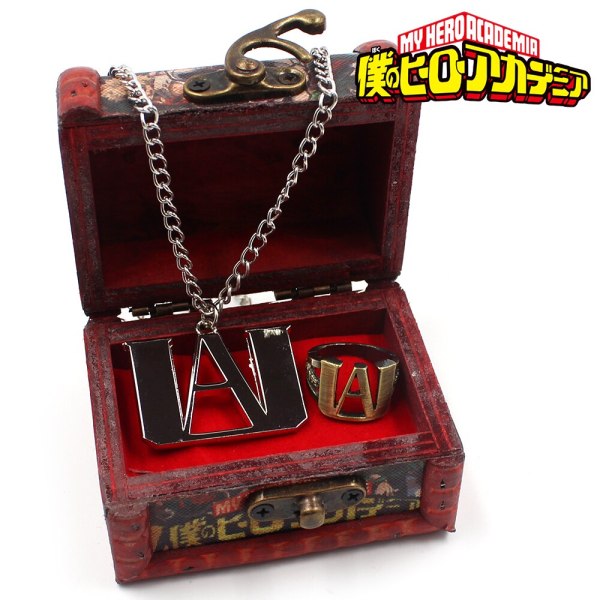 Anime My Hero Academia School Badge Symbol Metal Pendant+Ring+Necklace+Wooden Box Ornament Cosplay Collection Accessories Gift
