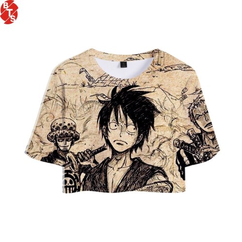 One Piece Luffy Women Crop Tops Summer Short Sleeve Trendy 3D Printed Tshirts Popular Japanese Anime Girls Sexy Tee Shirts