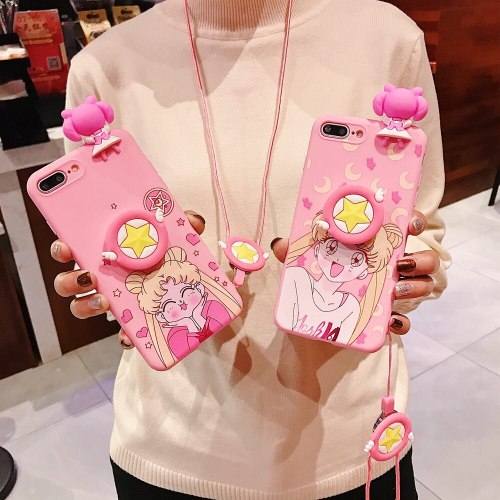 Sailor Moon Pink Phone Case For Xiaomi Redmi 6 6A 5A 4A 5 Plus Note 6 7 4 4X DIY Doll Toys Cartoon Stand Lanyard Soft Cover