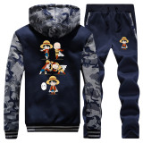 Japan Cartoon One Piece And One Punch Camouflage Warm Jackets Sportswear Thick Coat+Pants 2 Piece Set