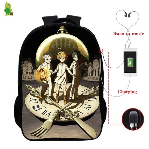 Anime The Promised Neverland USB Charge Backpack School Bags for Teenage Boy Girls Multifunction Laptop Backpack Travel Rucksack