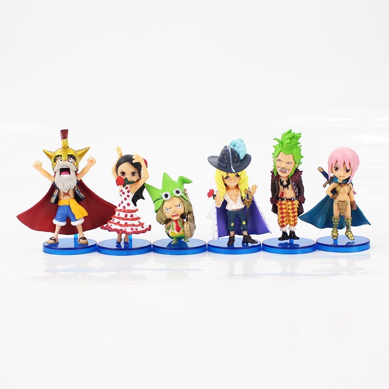 7cm 6pcs Lot One Piece Q Version Mini Dressrosa Luffy Lucy Chopper Rebecca Leo Cavendish Pvc