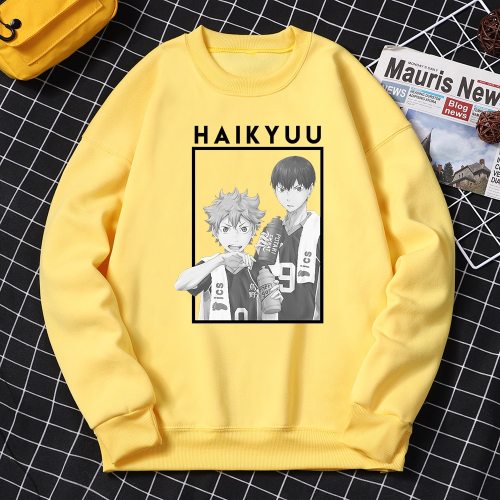 hinata and Kageyama Haikyuu Print Sweatshirts Man Cartoons Anime Clothing Crewneck Pullover Streetwear Oversize Fleece Hoody Men