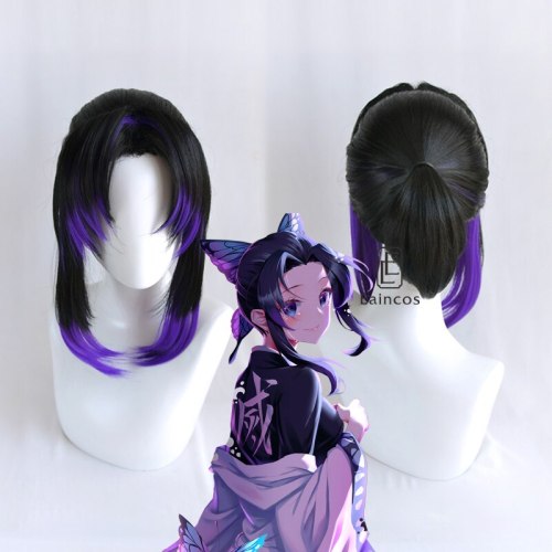 Demon Slayer Kimetsu no Yaiba Kochou Shinobu Cosplay Wig Headwear Women Heat Resistant Synthetic Hair Anime Accessories