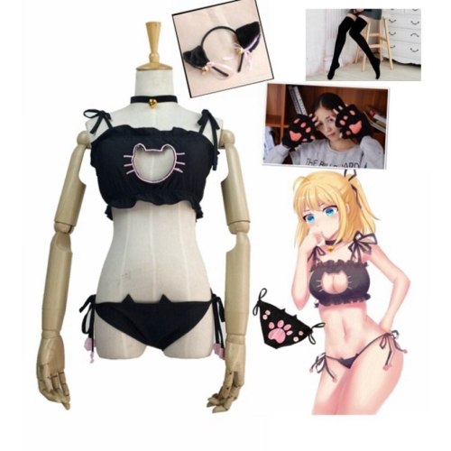 New Arrive Cute Sexy Kawaii Kitty Cat Embroidery Meow star Keyhole Hollow Bra And Underwear Love live Anime Cosplay Lingerie Set