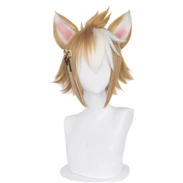 Gorou Cosplay Wig Game Genshin Impact Gorou Short Brown White Wig with Ears Synthetic Hair Heat Resistant Halloween Role Play