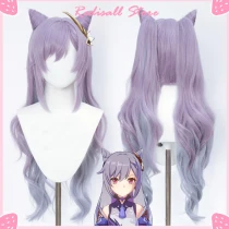 Genshin Impact Wig Keqing Cosplay Purple Long Curly Ponytails Ears Horns Pigtails Heat Resistant Women Halloween Free Wig Cap