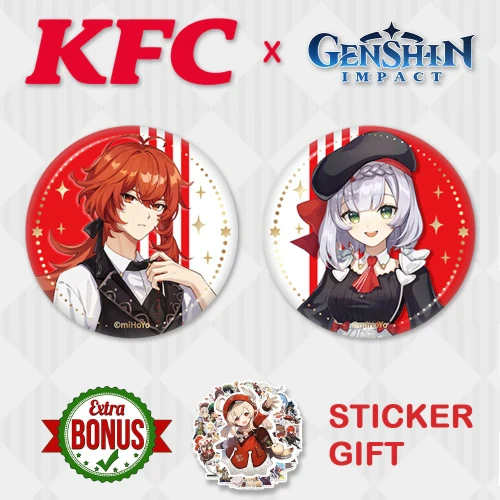 Genshin Impact Badge KFC Noelle Diluc Paimon Zhongli Tartaglia Brooch Cosplay Anime Mona Venti Game Clothes Backpack Decor Gifts