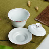 Browm Rim White Ceramic Gaiwan Gongfu Tea Brewing Teacup with Lid 150ml
