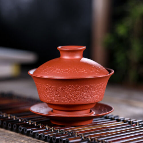 Handmade Yixing Zisha Clay Red Zisha Gaiwan Teacup with Saucer Kung Fu Tea 110ml