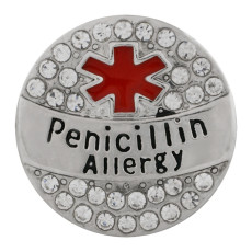 20MM Medical Alert penicillin allergy snap Silver Plated with white rhinestone and enamel KC9821 snaps jewelry