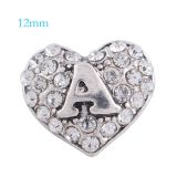 12MM loveheart-A snap silver Plated with white rhinestone KS6157-S snaps jewelry