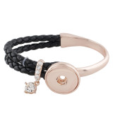 Black real leather and alloy with rhinestone KC0764 rose gold bracelets fit 20mm snaps chunks