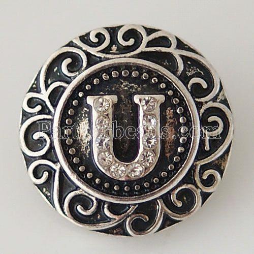 20MM English alphabet-U  snap Antique silver  plated with  Rhinestones KB6274 snaps jewelry