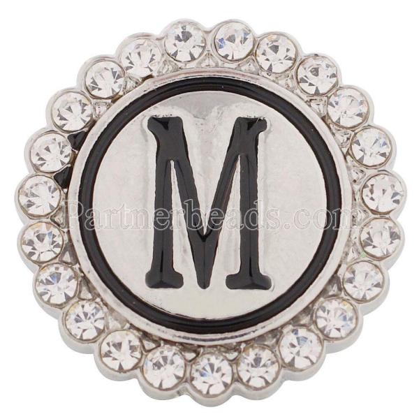 20MM English alphabet-M snap Antique silver  plated with Rhinestones KC8542 snaps jewelry