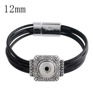 20CM 1 snap button black leather bracelets  fit 12mm snaps KS1138-S