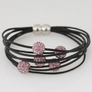 Magnetic buckle real leather bracelets with five 10mm rhinestone beads