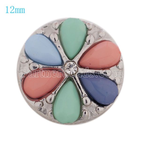 12MM Flower snap Silver Plated with colorful beads and Rhinestone KS9666-S Multicolor