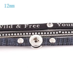 40cm 1 snap button pu leather bracelets fit 12mm snaps with black leather and charm KS0606-S