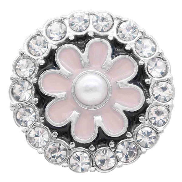 20MM flower snap Silver Plated with rhinestone and pink enamel KC7780 snaps jewelry
