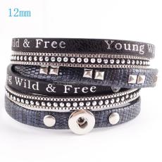 40cm 1 snap button pu leather bracelets fit 12mm snaps with black leather and charm KS0606-S