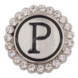 20MM English alphabet-P snap Antique silver  plated with  Rhinestones KC8545 snaps jewelry