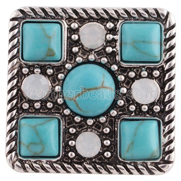20MM Square snap silver Antique plated with cyan Turquoise KC8672 cyan
