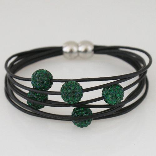 Magnetic buckle real leather bracelets with five 10mm rhinestone beads