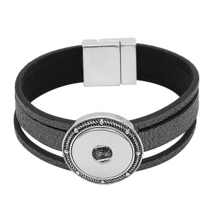19CM black real leather bracelets KC0845 fit 18/20MM snaps chunks