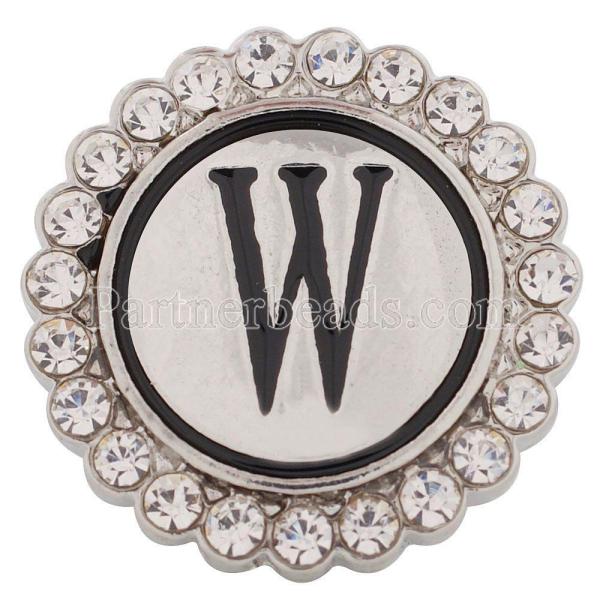 20MM English alphabet-W snap Antique silver  plated with Rhinestones KC8552 snaps jewelry