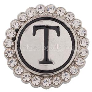 20MM English alphabet-T snap Antique silver  plated with white Rhinestones KC8549 snaps jewelry