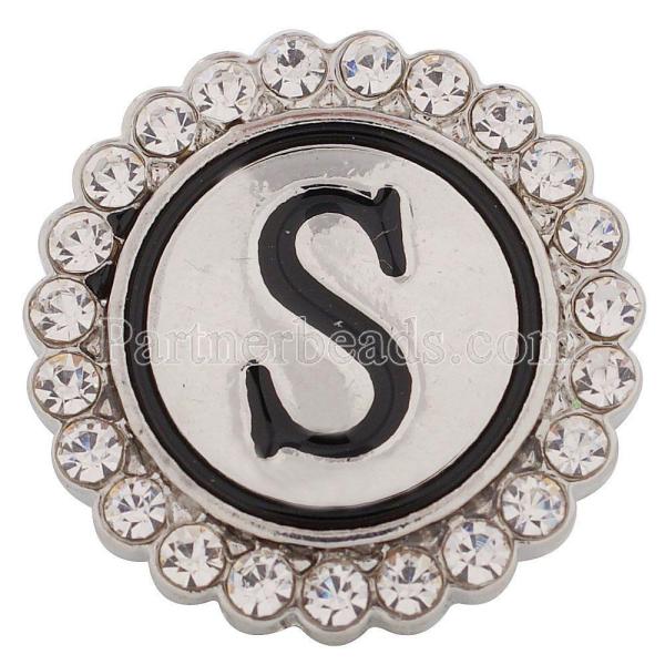 20MM English alphabet-S snap Antique silver  plated with Rhinestones KC8548 snaps jewelry