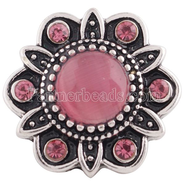 20MM Flower snap Antique Silver Plated with rose-red rhinestone and Opal KB8727 snaps jewelry