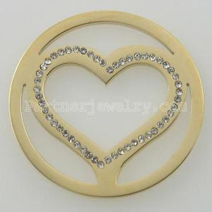 33MM stainless steel coin charms fit  jewelry size big heart with rhinestone