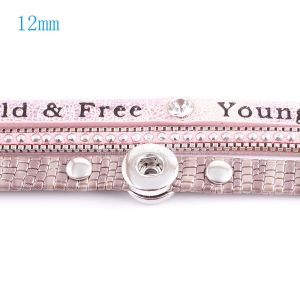 40cm 1 snap button pu leather bracelets fit 12mm snaps with pink leather and charm KS0605-S